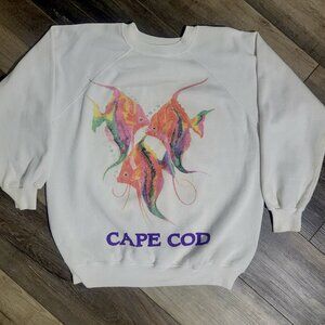 Vintage 90s Hanes Her Way Cape Cod Sweatshirt XL Watercolor Fish Made in USA